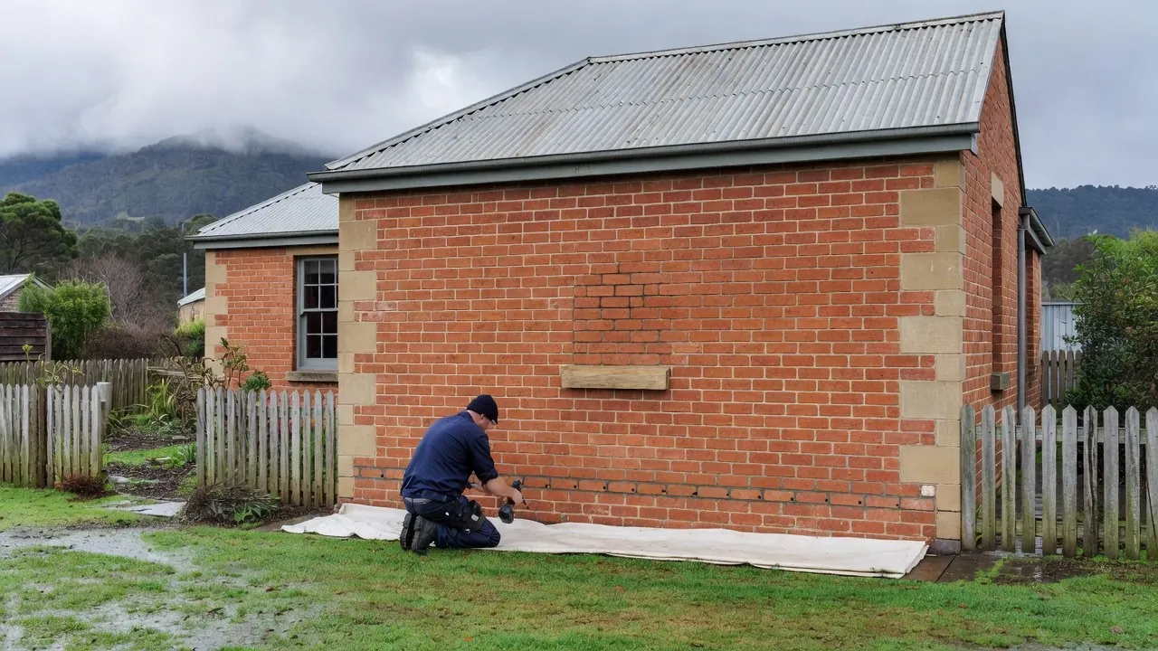 A technician kneeling on a drop sheet at the base of an old brick Georgian cottage with sandstone quoins, drilling along a mortar joint just above the ground, with a mountain under cloud behind.