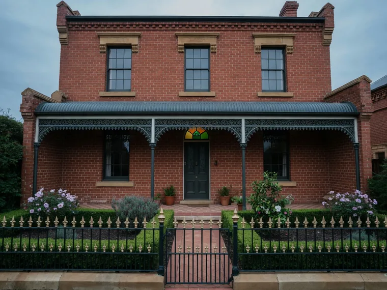 Illustration: a well kept Victorian brick terrace with cast iron lace and sandstone lintels.