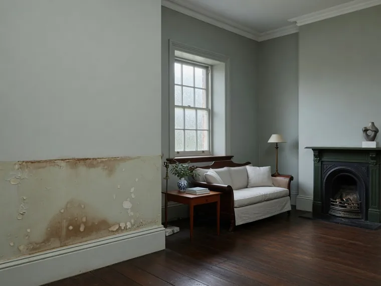 Illustration: a well kept Georgian sitting room with a brown damp stain rising from the skirting to a level line.